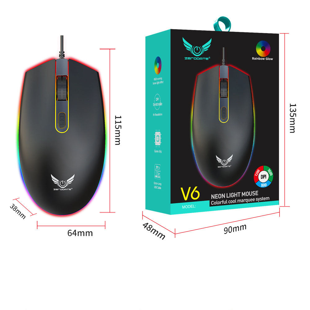 Rainbow RGB Gaming Mouse, Switchable DPI, Long Cable
