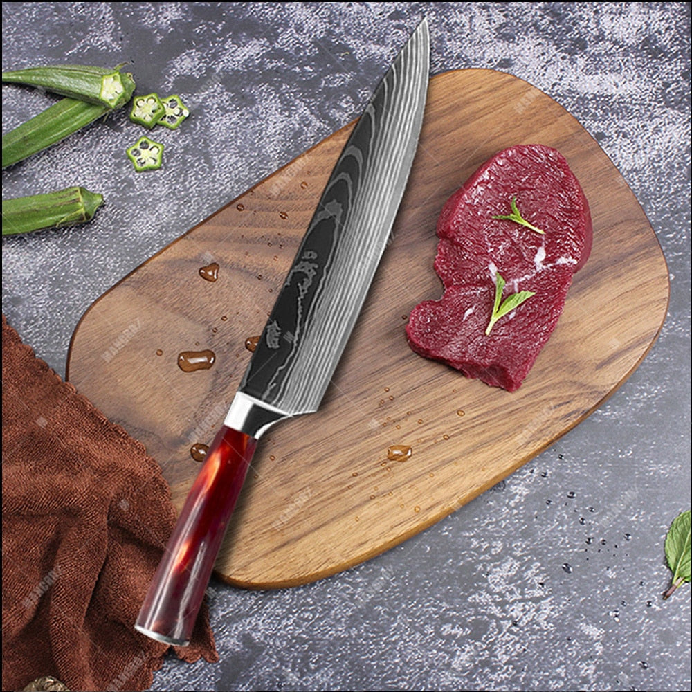 Damascus Pattern Kitchen Knife Set, 11 Piece Chef Knives