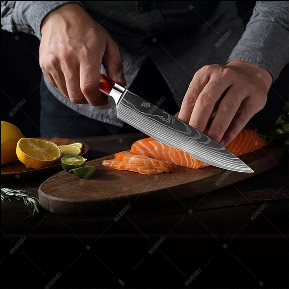 Damascus Pattern Kitchen Knife Set, 11 Piece Chef Knives