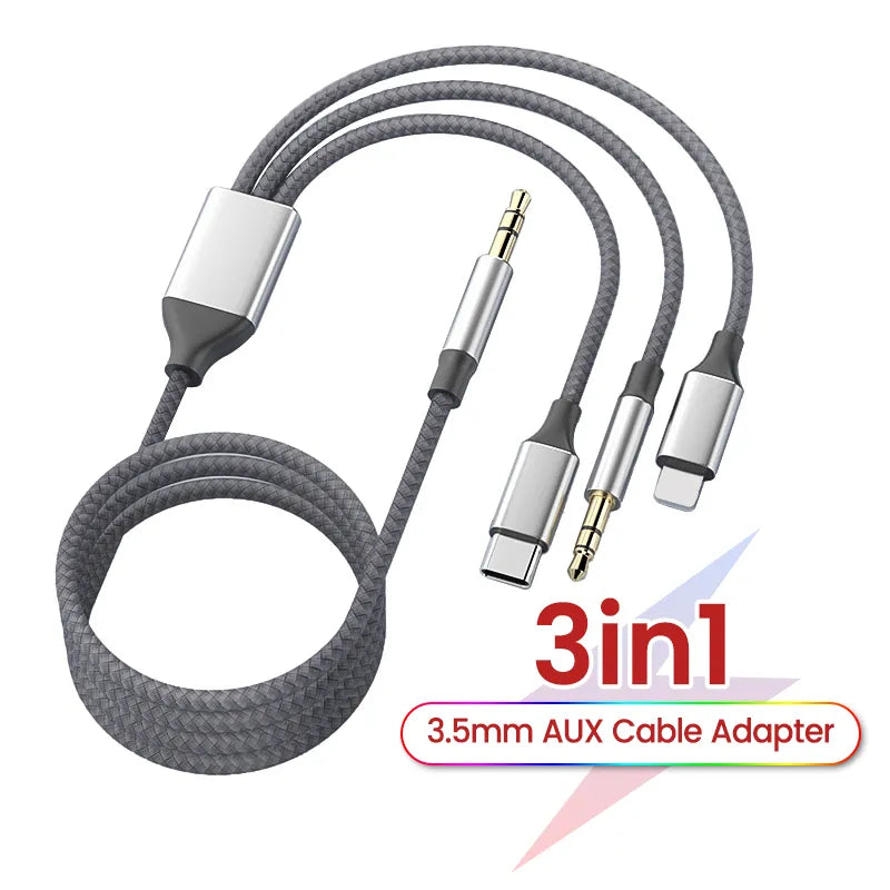 3-in-1 Aux Audio Cable for iPhone, Type-C & Android