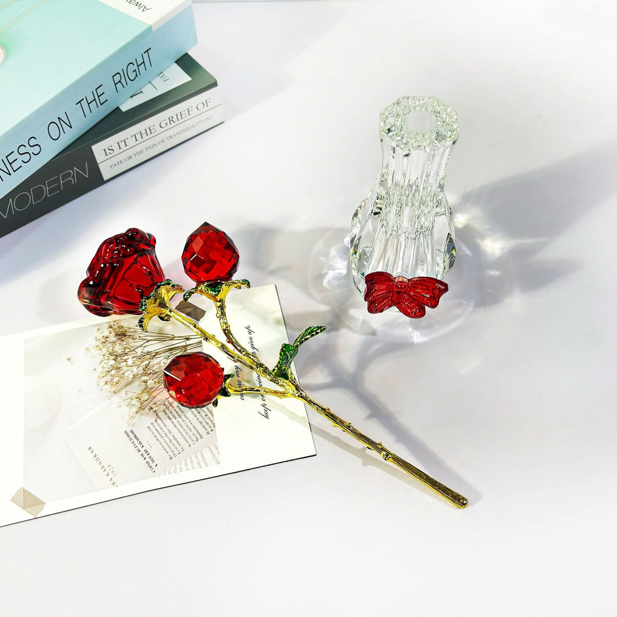 Crystal Rose Glass Vase Romantic Tabletop Decoration