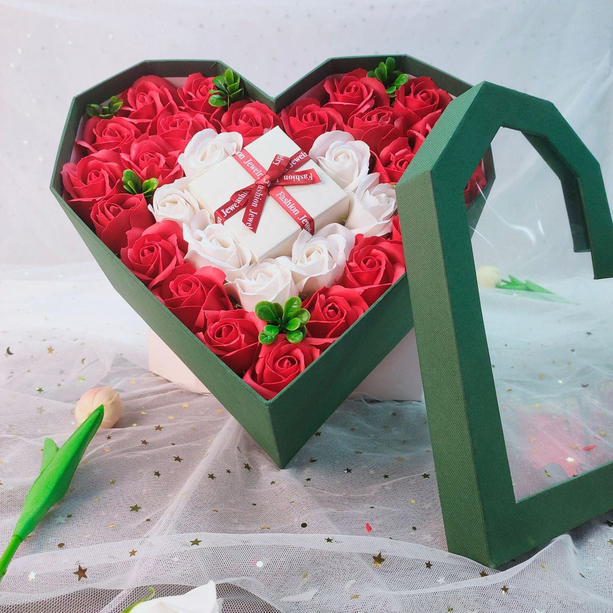 Heart-Shaped Floral Gift Box With Romantic Clear Window