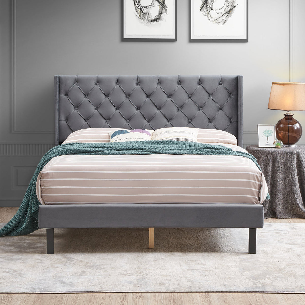 Tufted Velvet Queen Bed Frame with Wingback Headboard