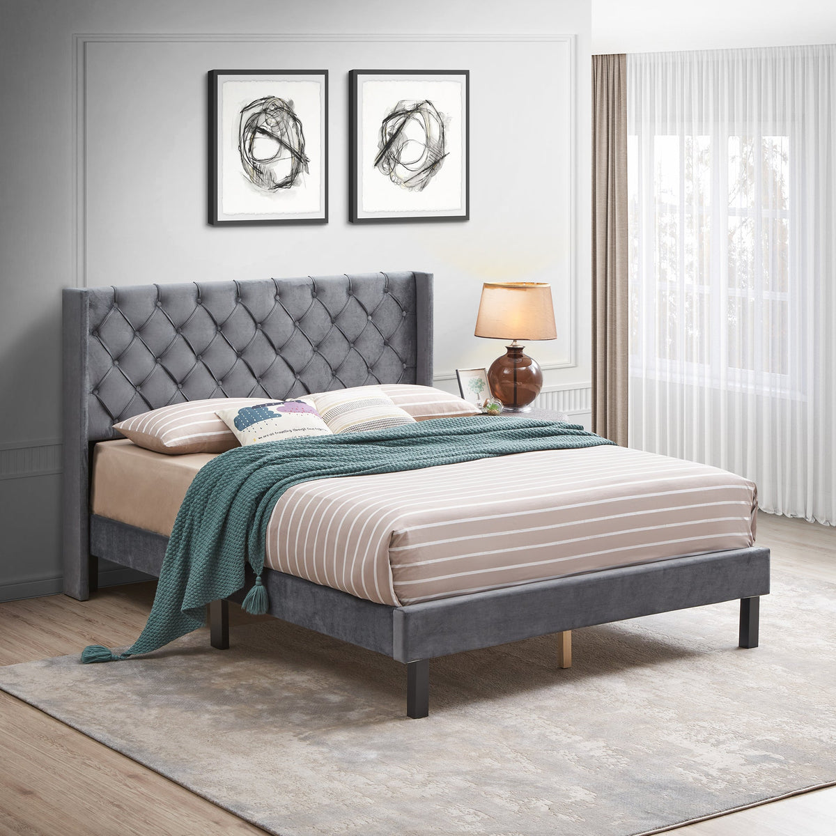 Tufted Velvet Queen Bed Frame with Wingback Headboard
