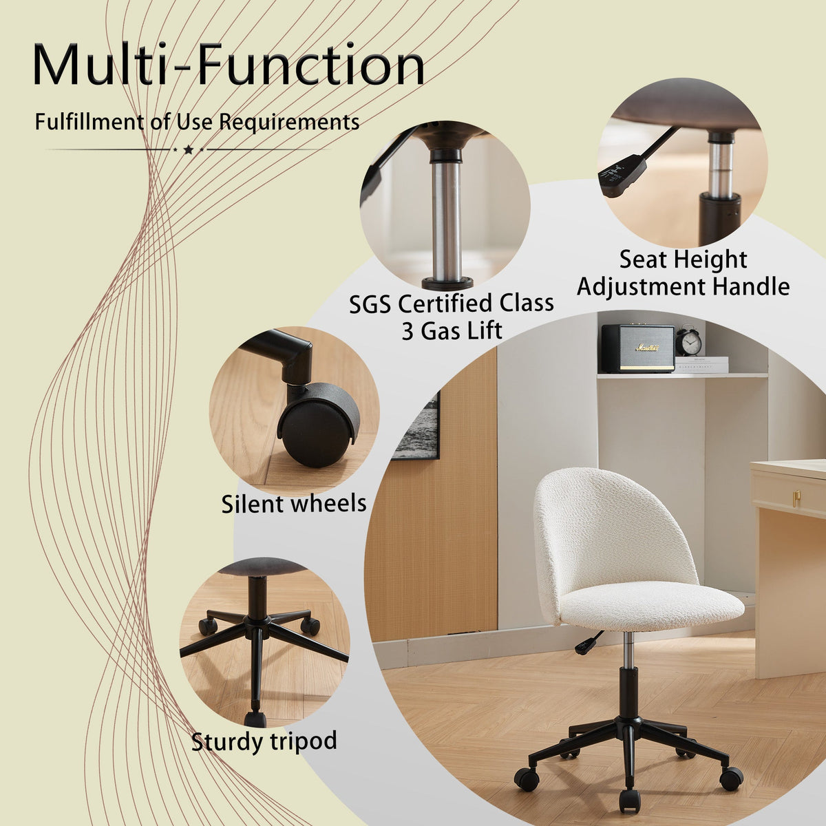 Velvet Office Chair with Gas Lift and Silent Wheels
