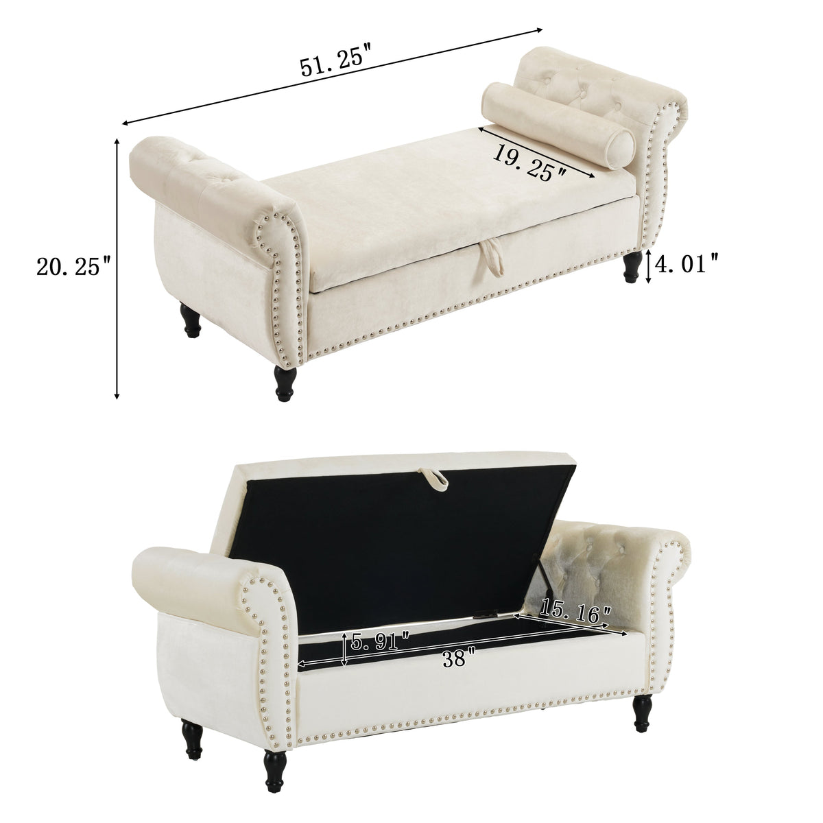 Velvet Storage Ottoman Bench with Pillow for Bedroom