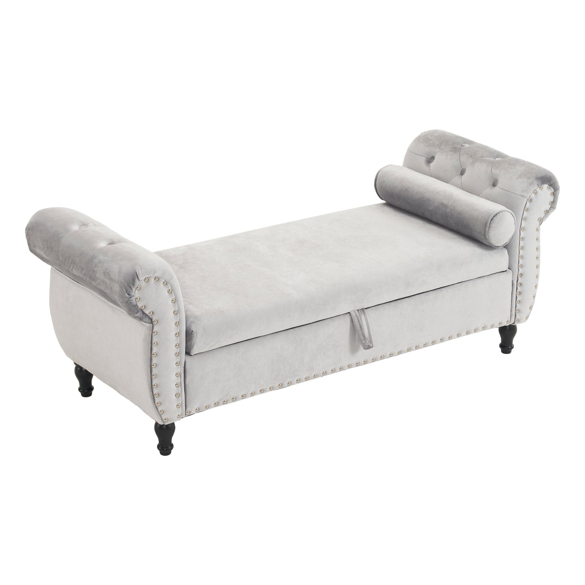 Grey Velvet Storage Bench with Pillow for Bedroom