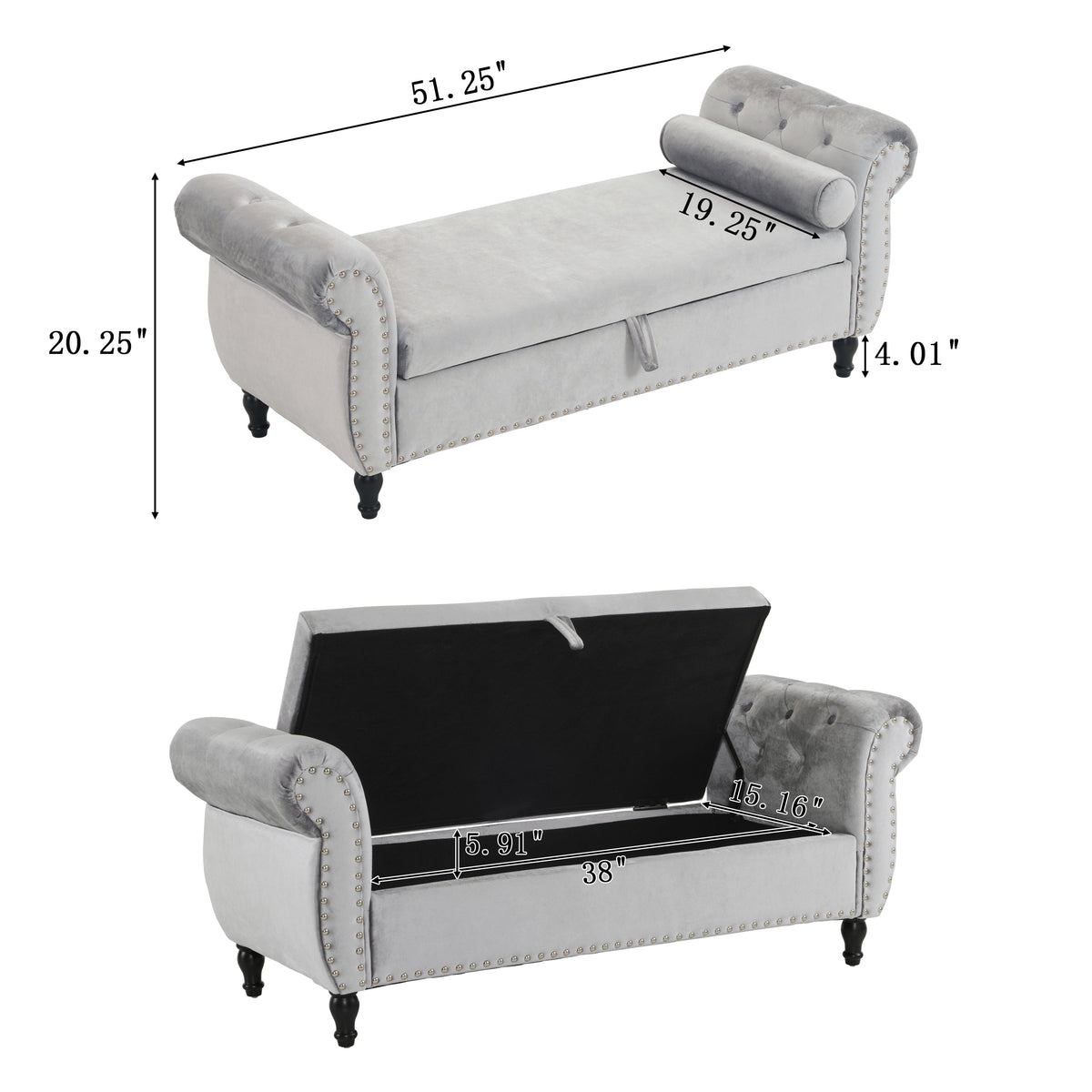 Grey Velvet Storage Bench with Pillow for Bedroom
