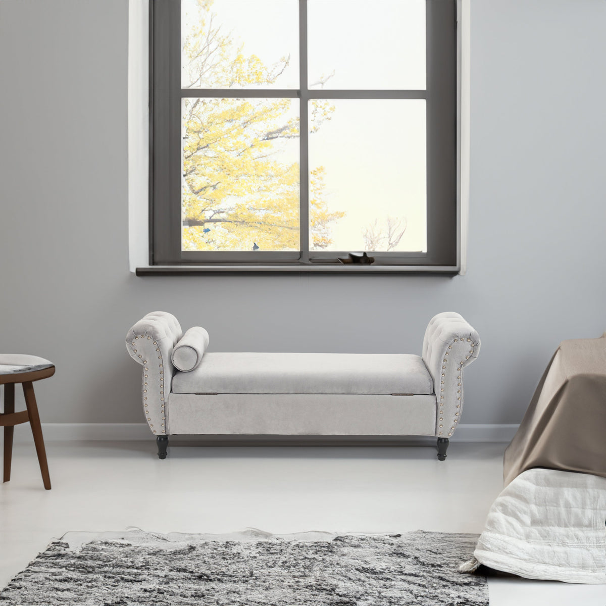 Grey Velvet Storage Bench with Pillow for Bedroom