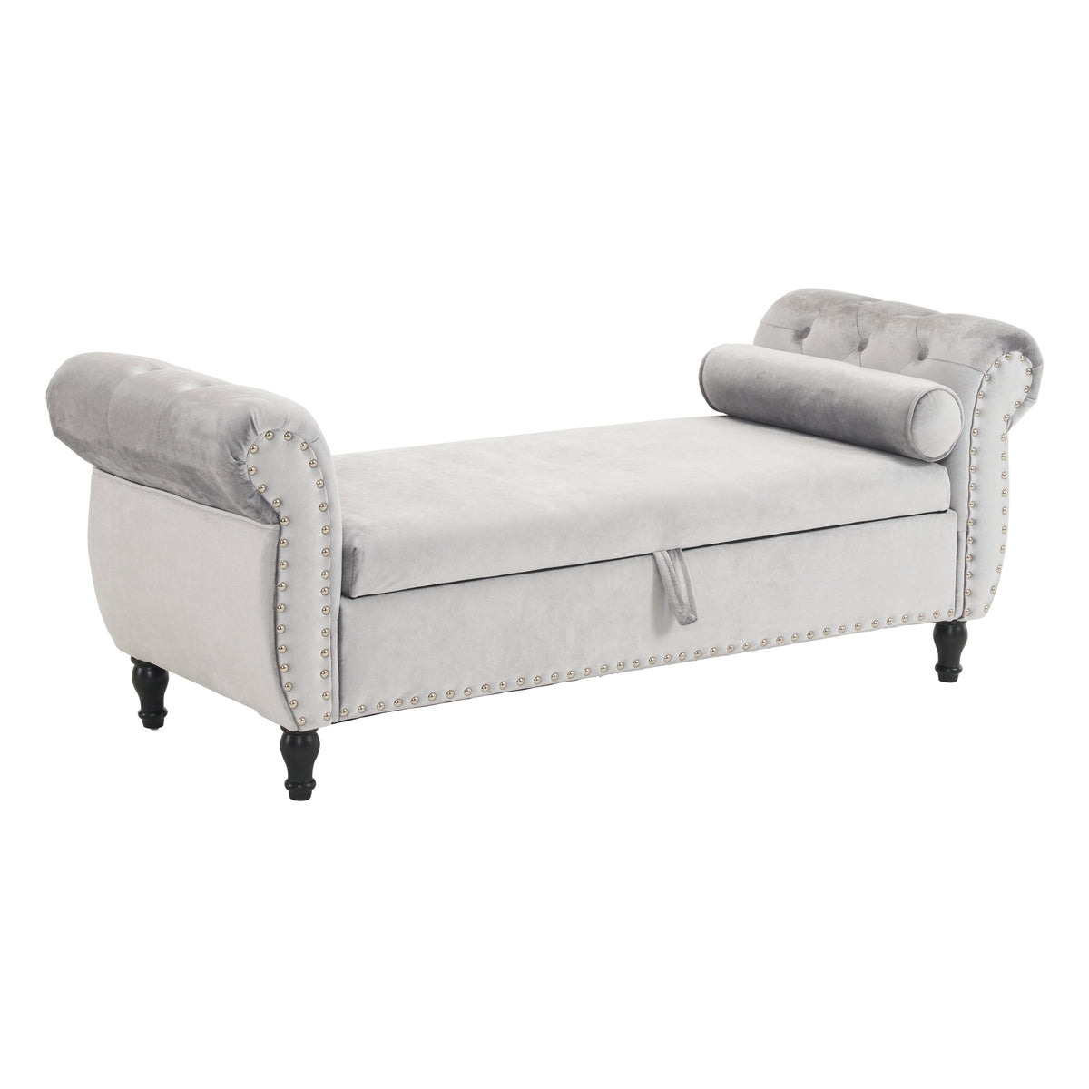 Grey Velvet Storage Bench with Pillow for Bedroom