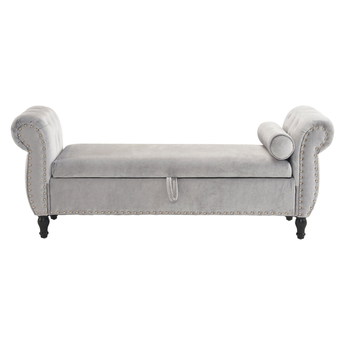 Grey Velvet Storage Bench with Pillow for Bedroom