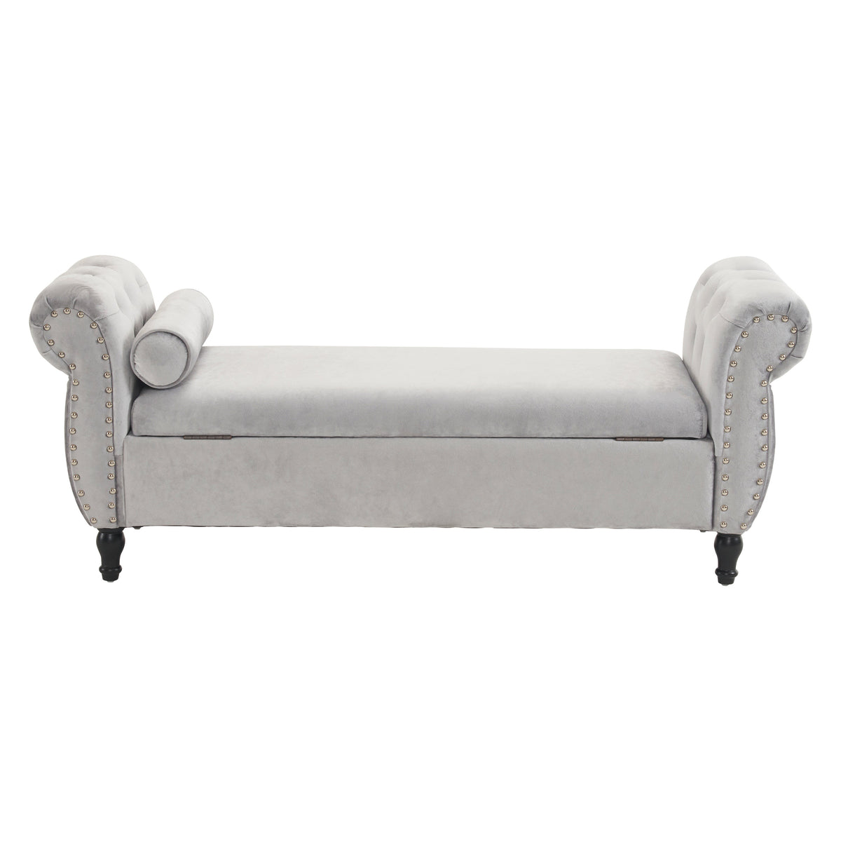 Grey Velvet Storage Bench with Pillow for Bedroom