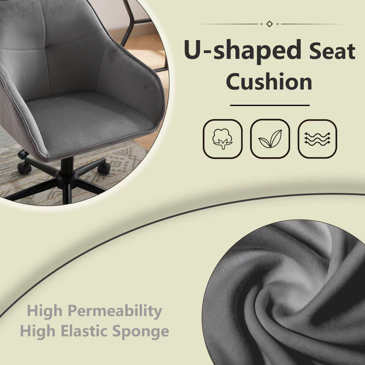 Quilted Velvet Desk Chair with Gas Lift and Silent Wheels