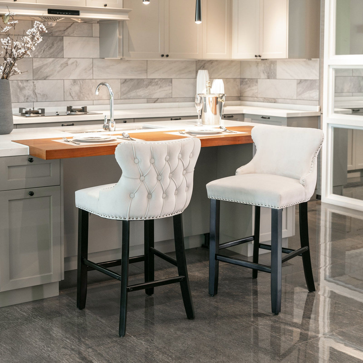 Velvet Wing Back Bar Stools Set of 2 with Nailhead Trim
