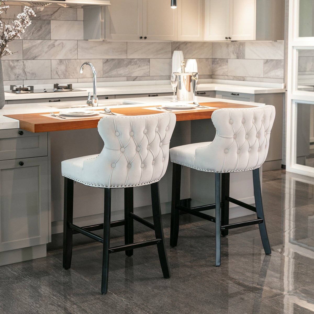 Velvet Wing Back Bar Stools Set of 2 with Nailhead Trim