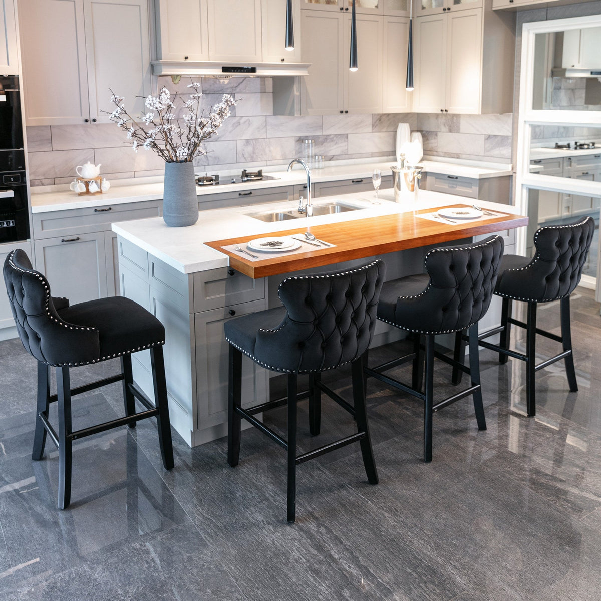 Black Velvet Wing Back Bar Stool with Tufted Buttons