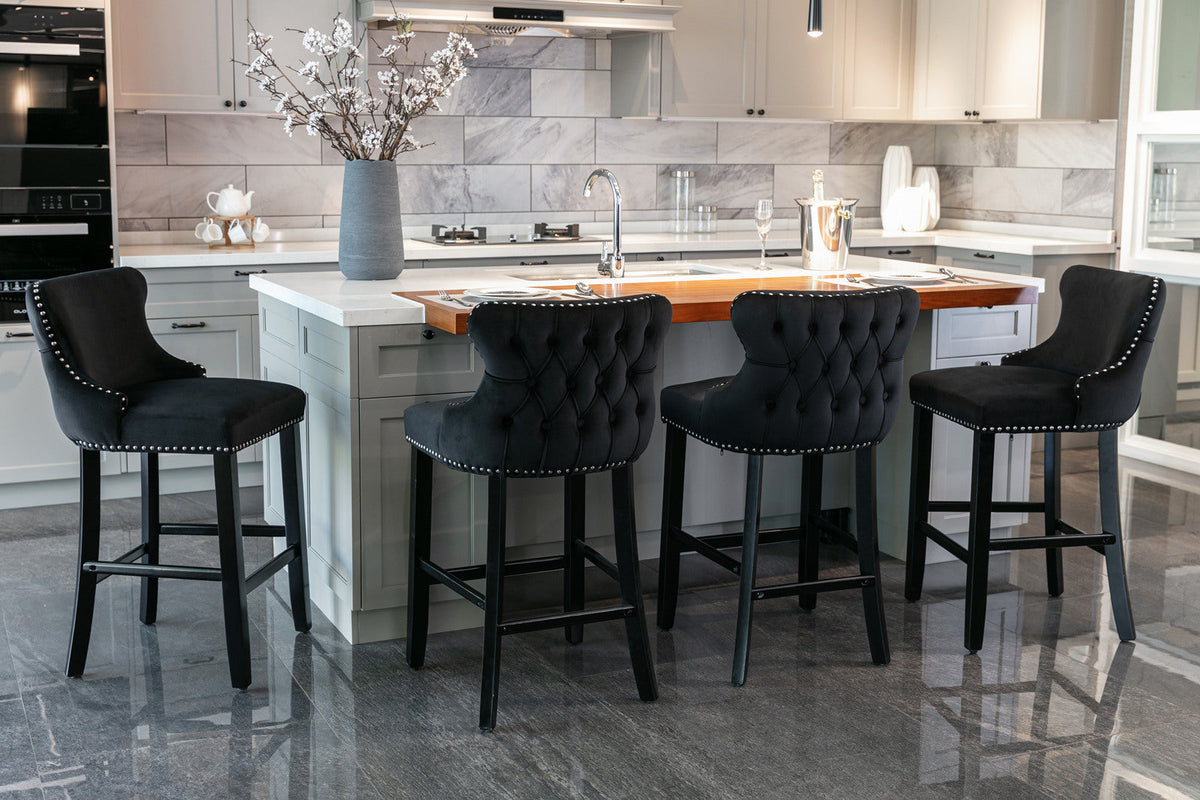 Black Velvet Wing Back Bar Stool with Tufted Buttons