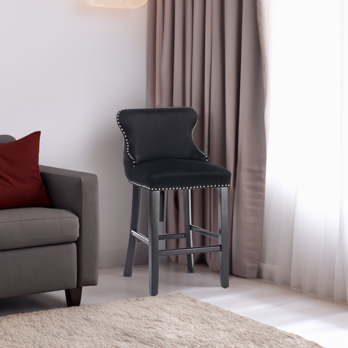 Black Velvet Wing Back Bar Stool with Tufted Buttons