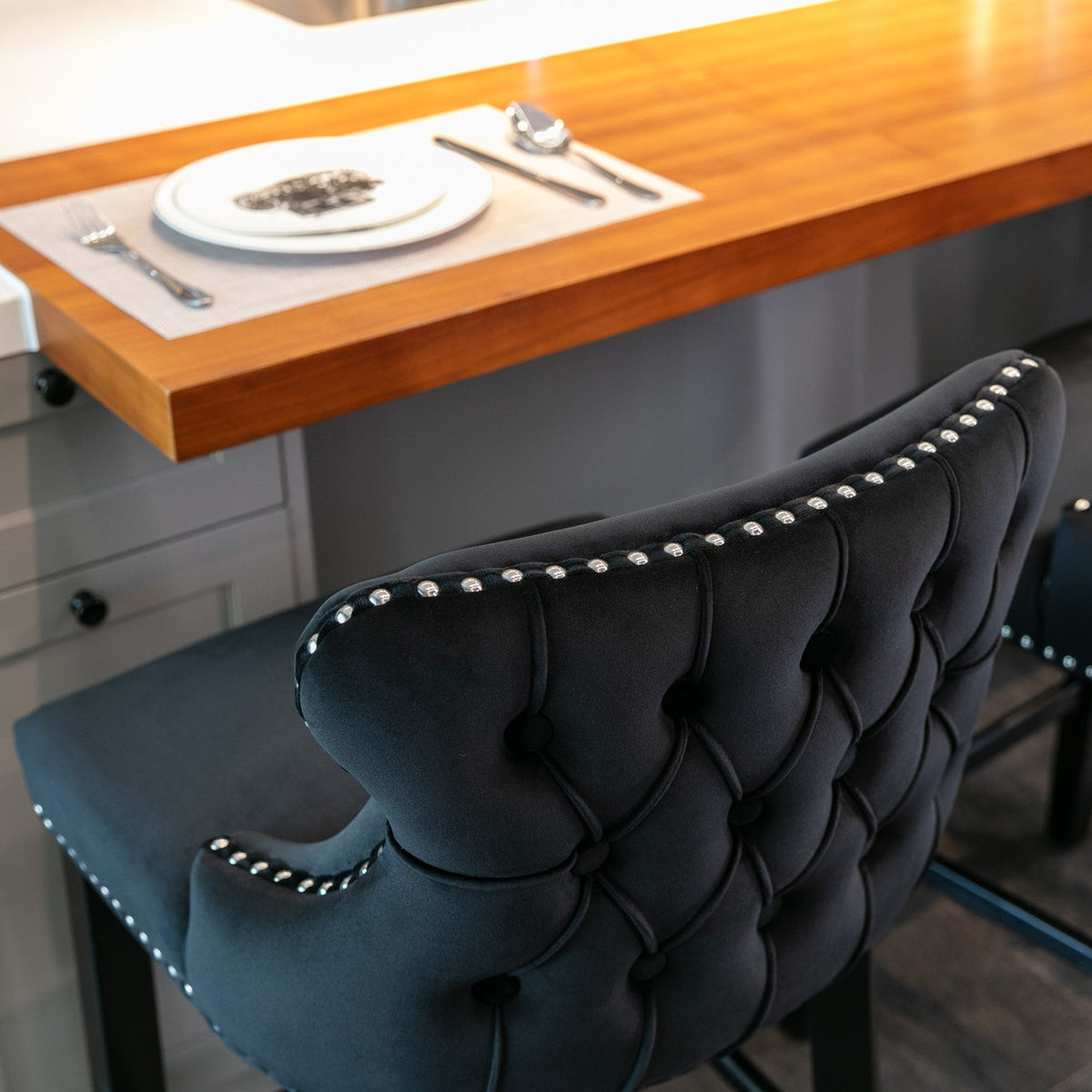 Black Velvet Wing Back Bar Stool with Tufted Buttons