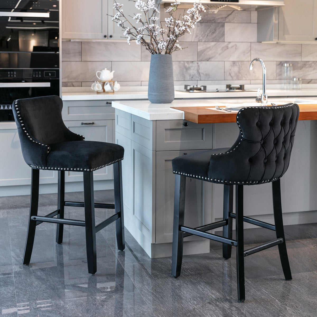 Black Velvet Wing Back Bar Stool with Tufted Buttons