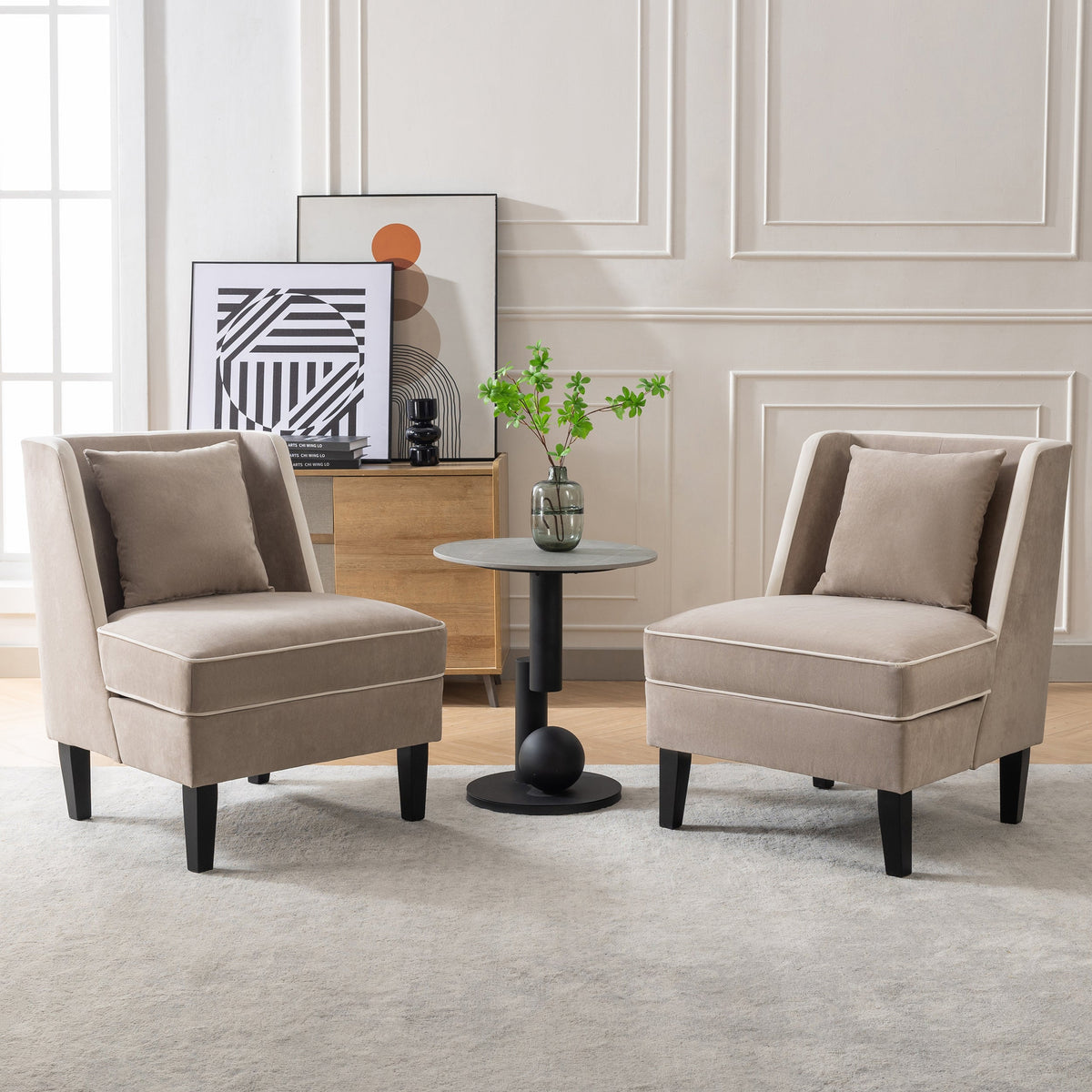 Velvet Accent Chair with Cream Piping for Living Rooms