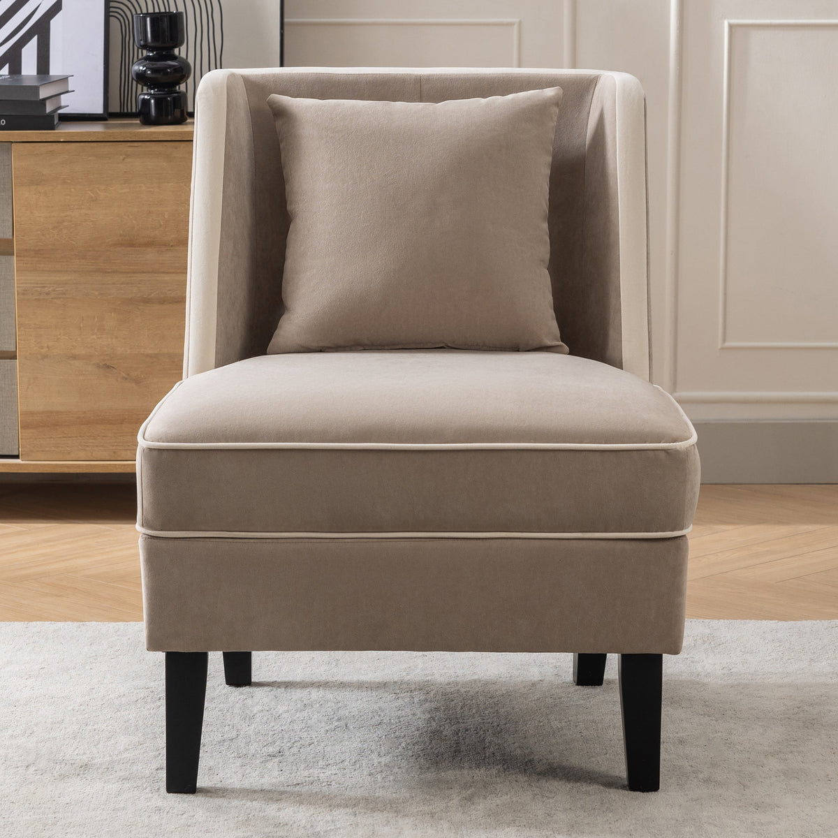 Velvet Accent Chair with Cream Piping for Living Rooms