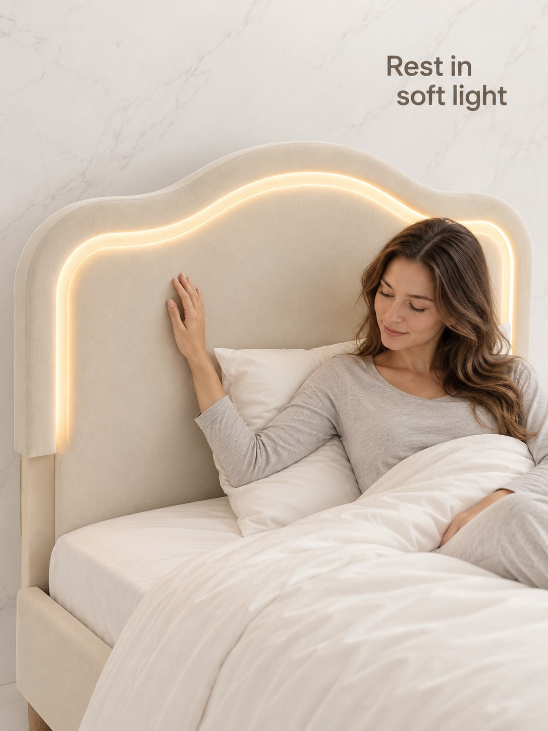 Velvet Upholstered LED Bed Frame with Headboard Glow