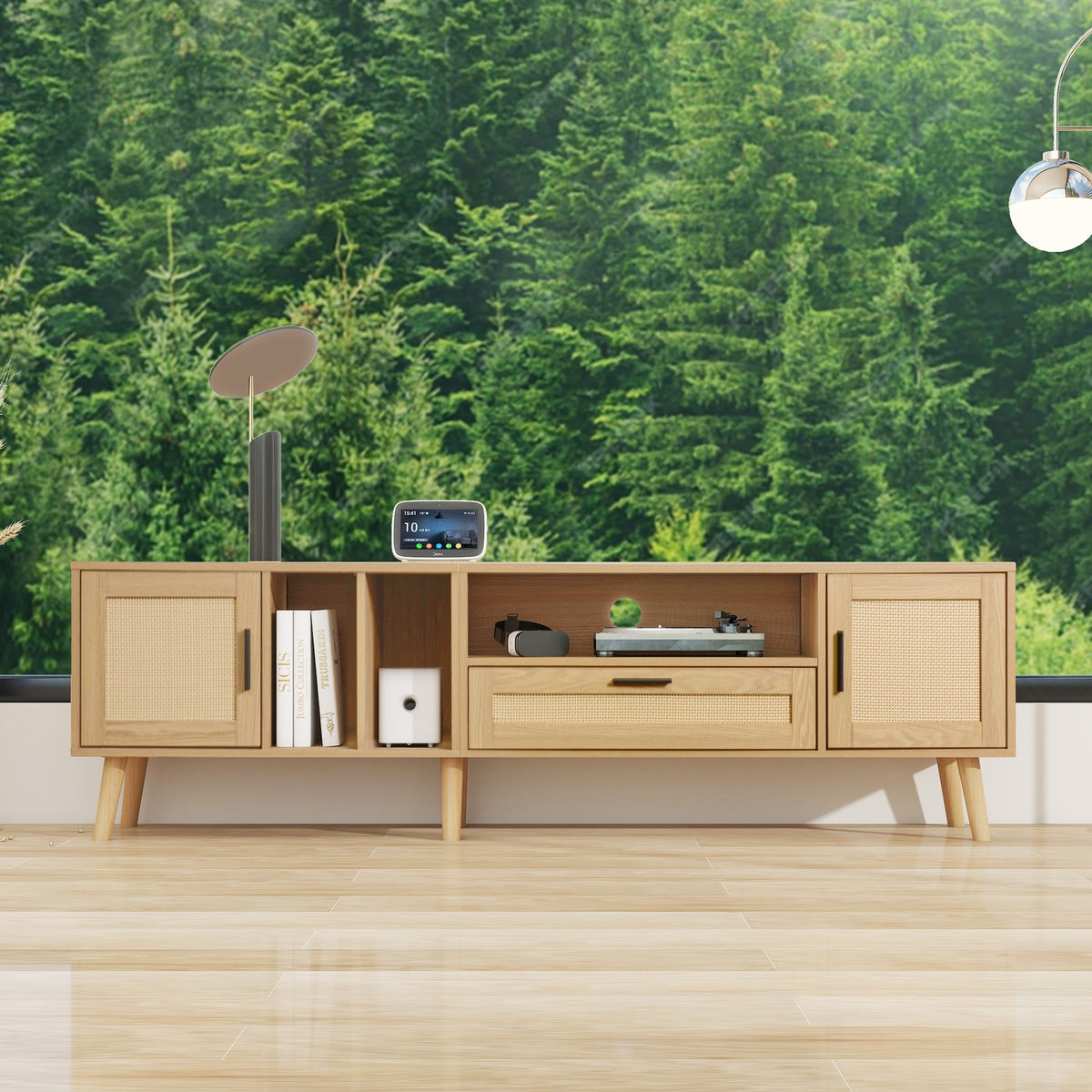 Mid-Century Rattan TV Stand with Cabinets & Shelves