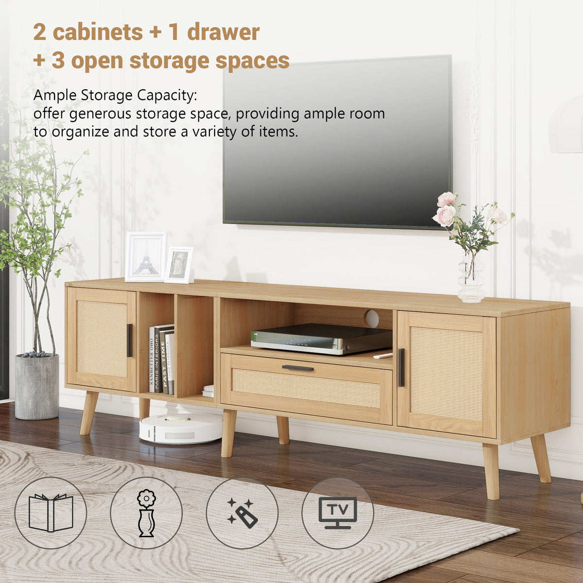 Mid-Century Rattan TV Stand with Cabinets & Shelves