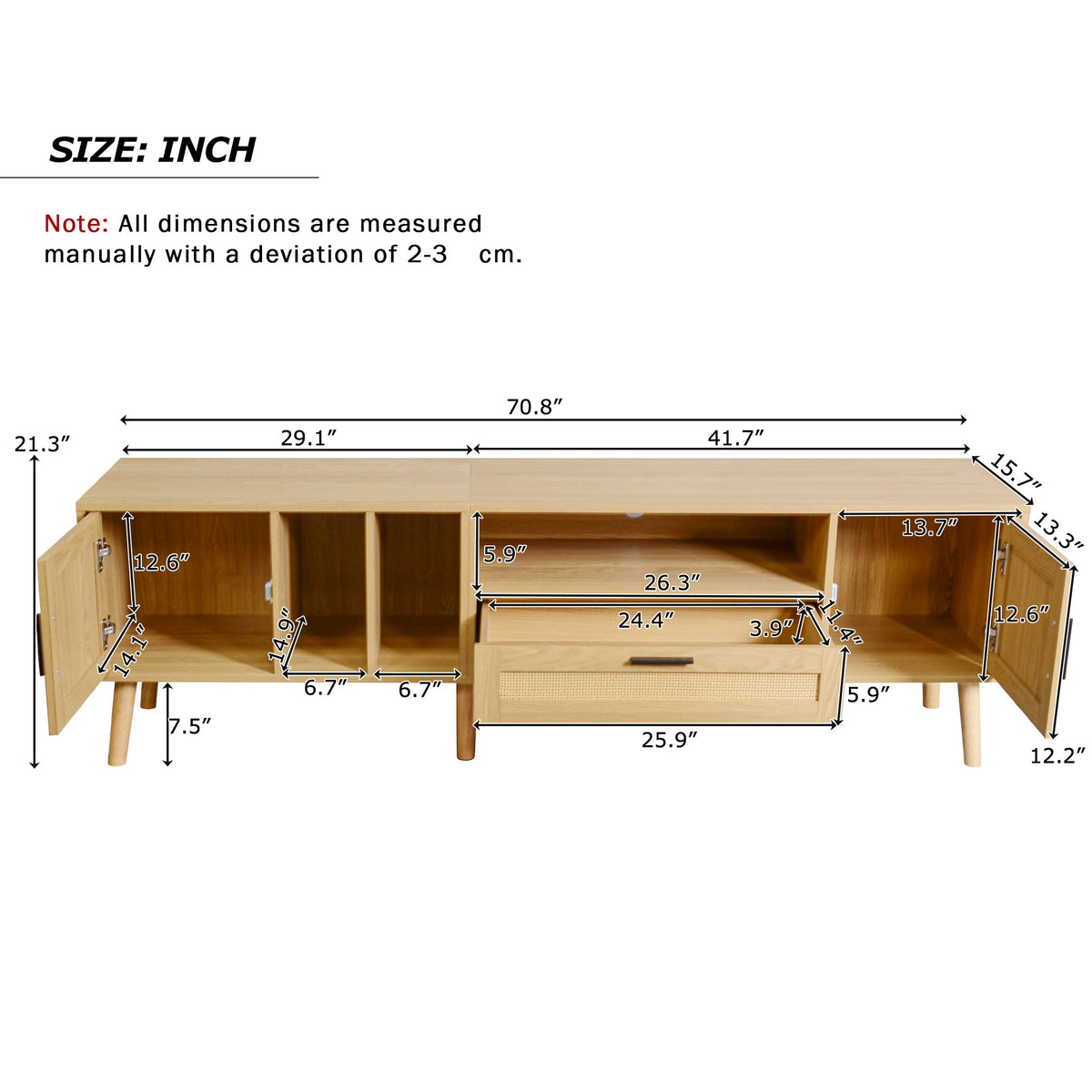 Mid-Century Rattan TV Stand with Cabinets & Shelves