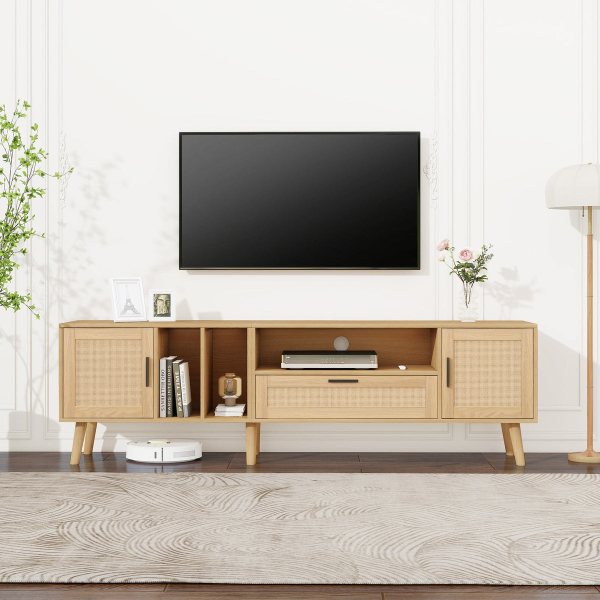 Mid-Century Rattan TV Stand with Cabinets & Shelves