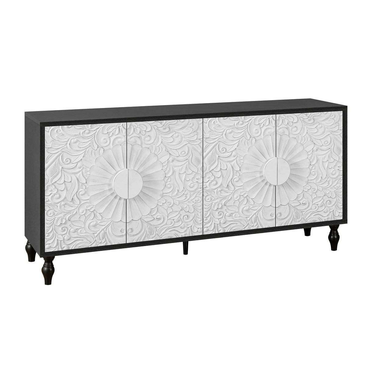 Vintage White Carved Sideboard Buffet with Black Frame