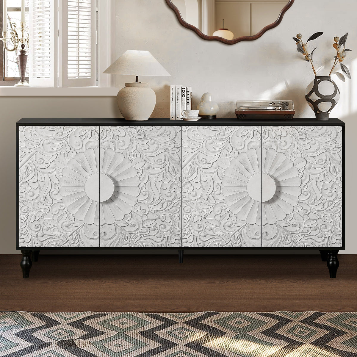 Vintage White Carved Sideboard Buffet with Black Frame