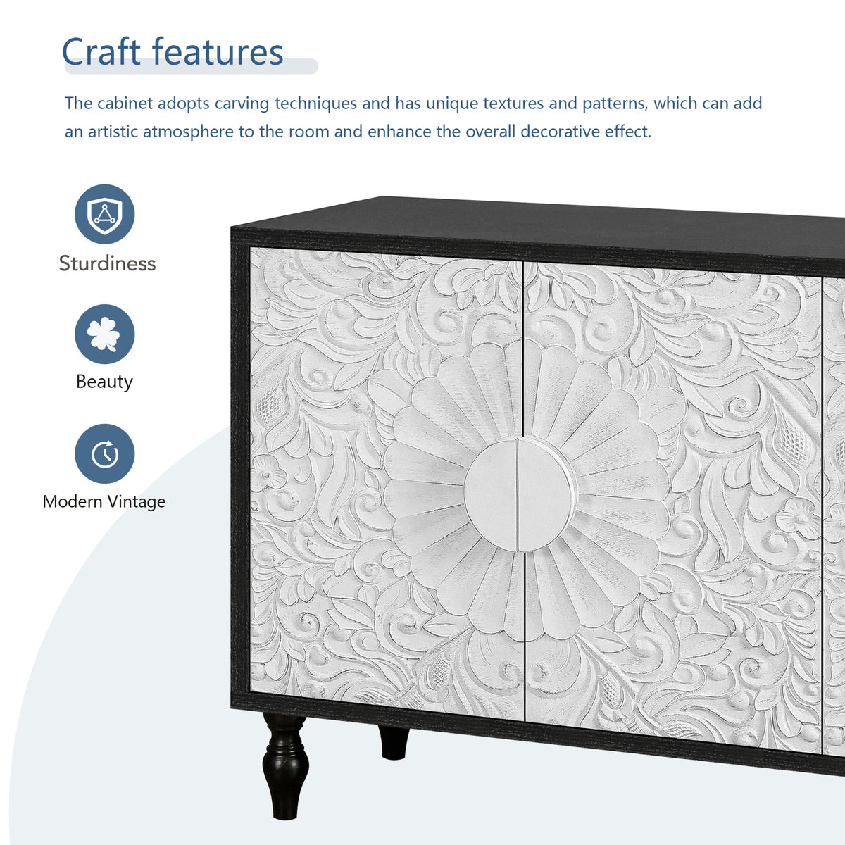 Vintage White Carved Sideboard Buffet with Black Frame