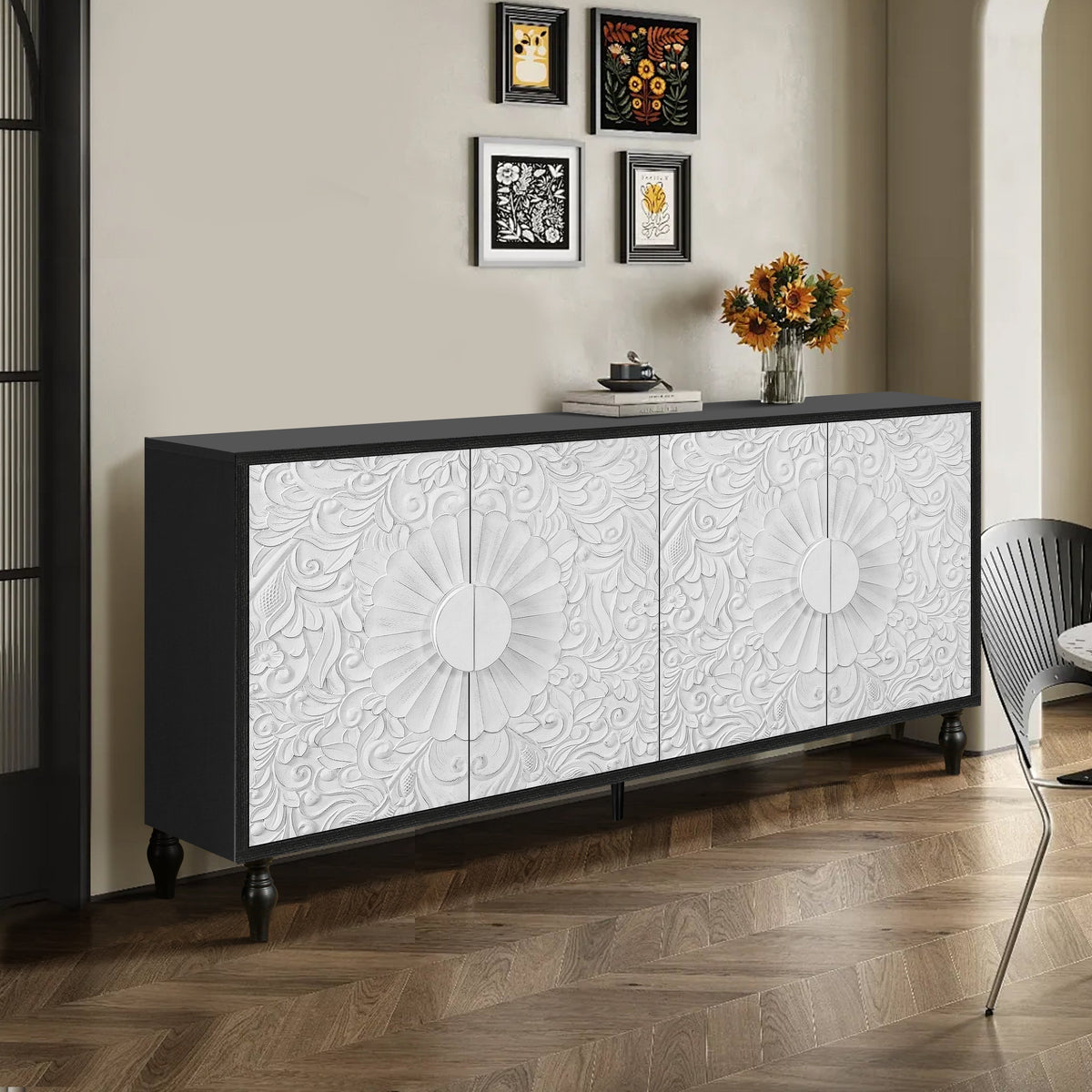 Vintage White Carved Sideboard Buffet with Black Frame