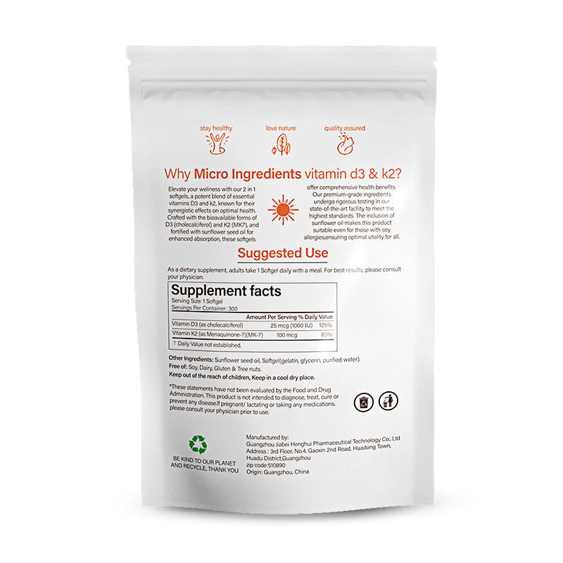 Vitamin D3 + K2 Softgels, 1000 IU D3 with 100 mcg K2