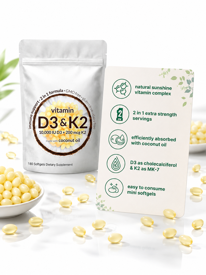 Vitamin D3K2 Softgels – 10,000 IU D3 & 200 mcg K2, 180 Mini
