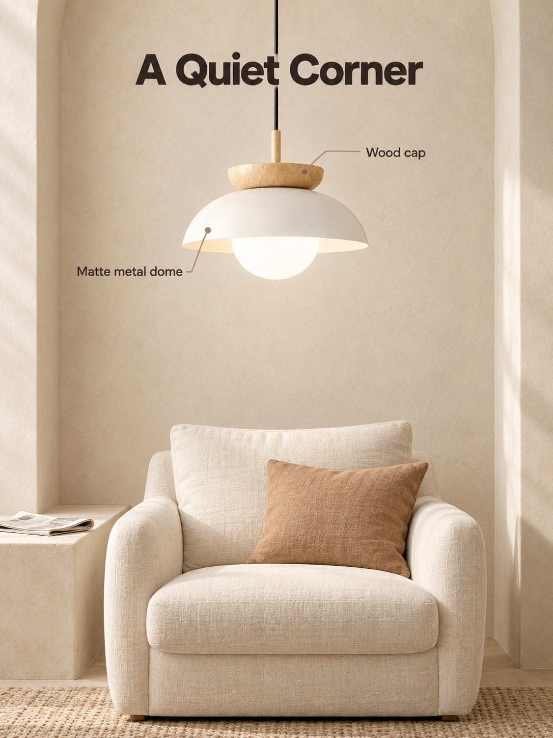 Wabi Sabi Japanese Pendant Light, Matte Metal and Wood
