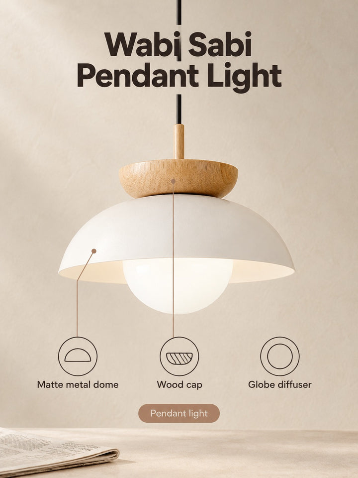 Wabi Sabi Japanese Pendant Light, Matte Metal and Wood