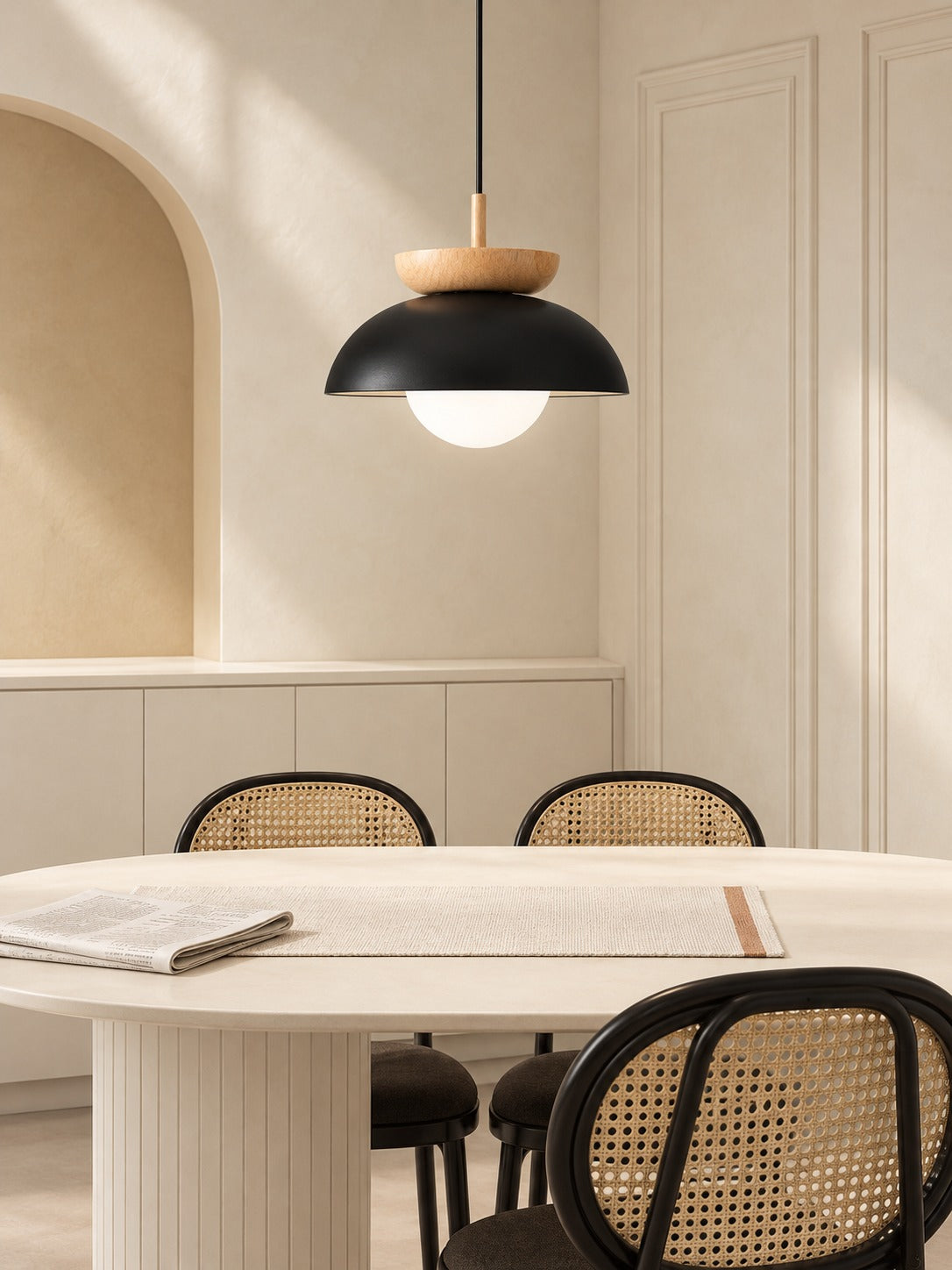Wabi Sabi Japanese Pendant Light, Matte Metal and Wood