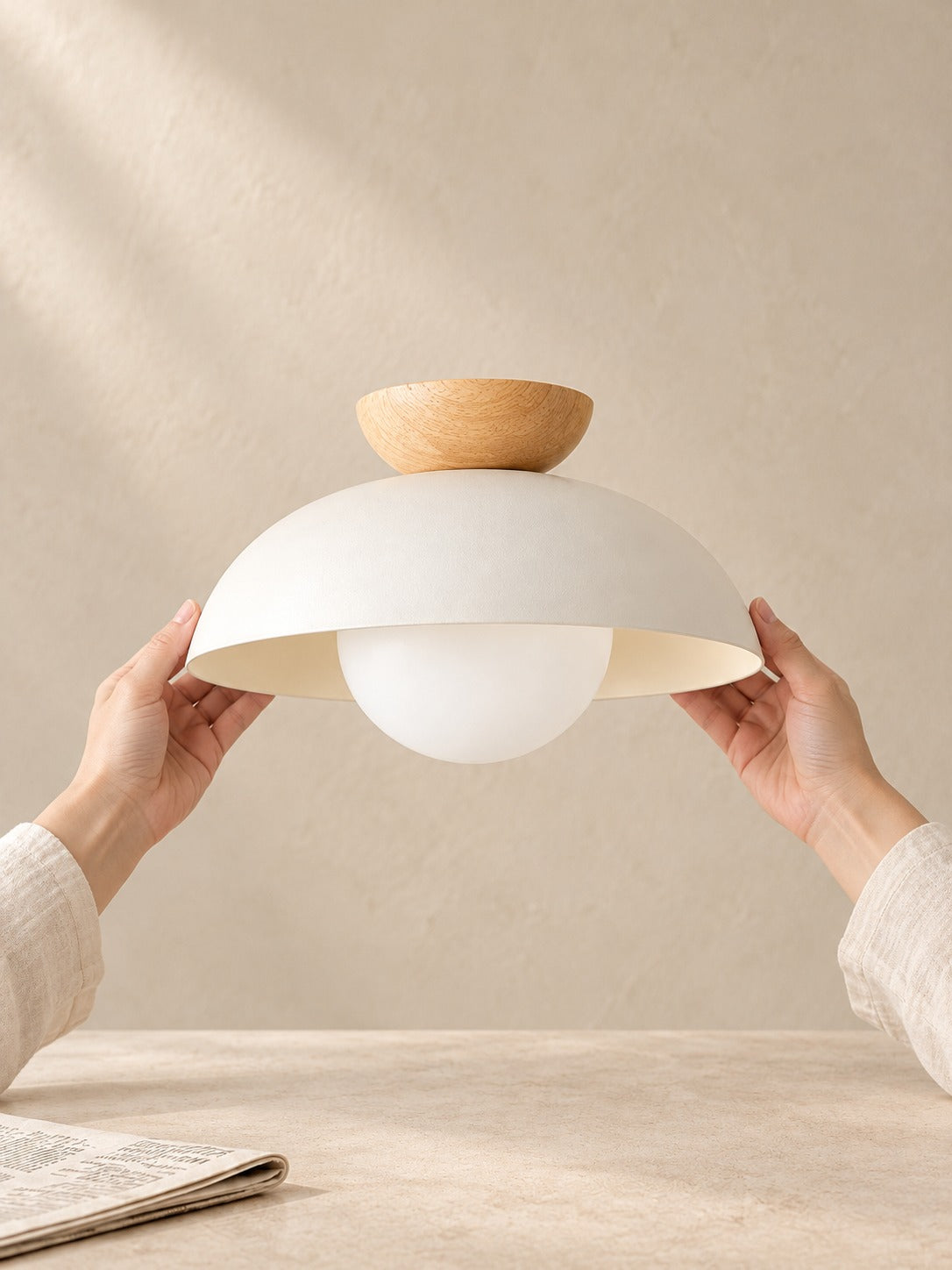 Wabi Sabi Japanese Pendant Light, Matte Metal and Wood