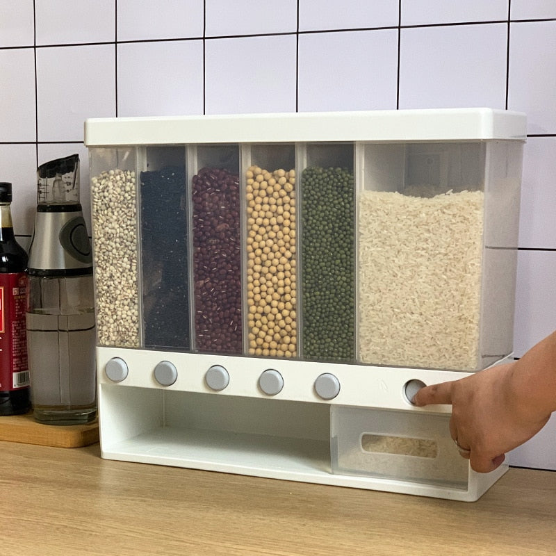Wall-Mounted Grain Dispenser with Push-Button Portions