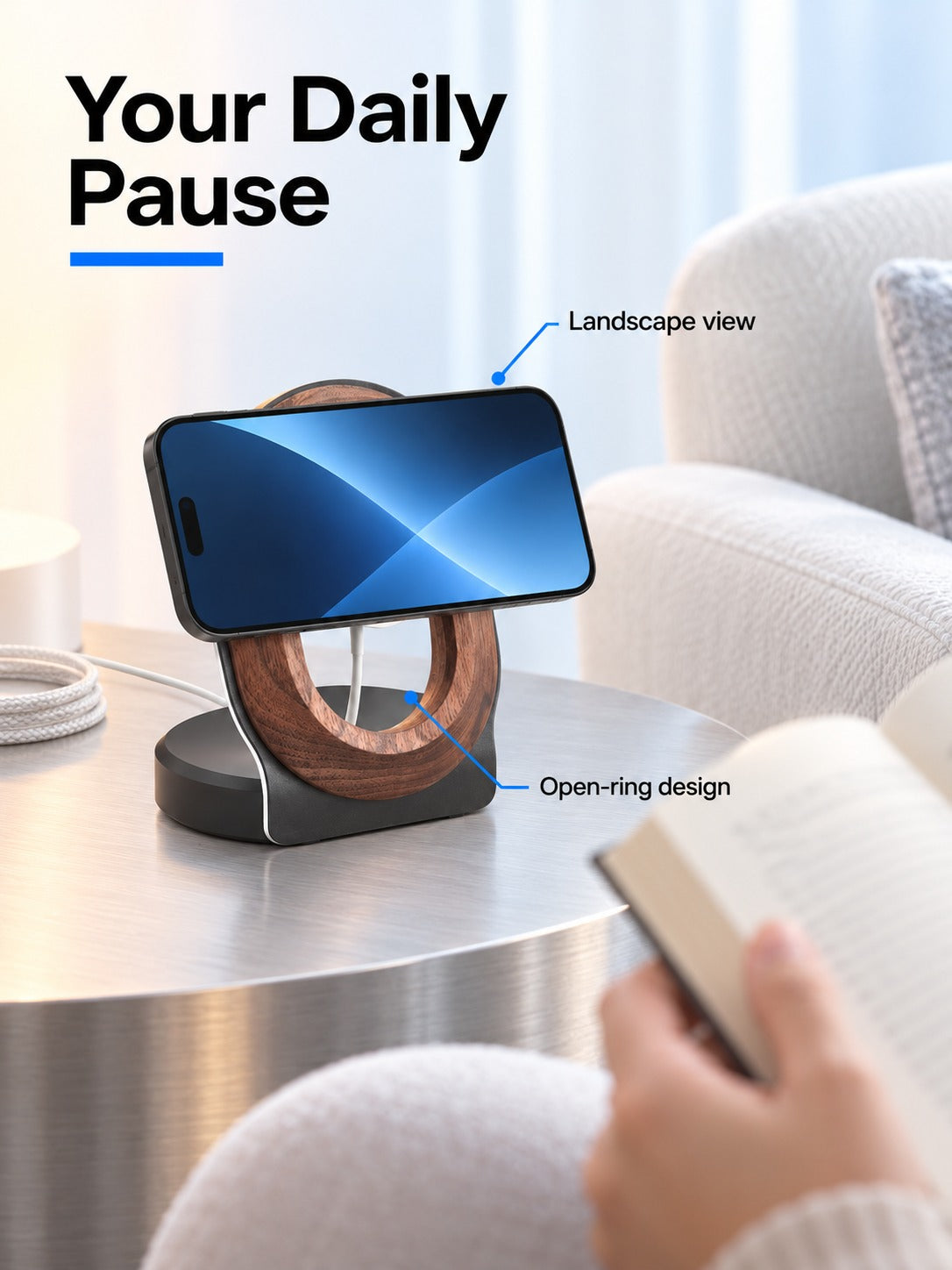 Walnut Wood MagSafe Desk Charging Stand, Hands-Free