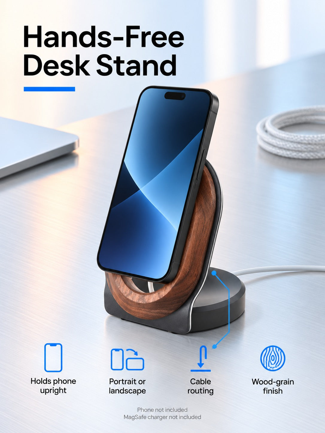 Walnut Wood MagSafe Desk Charging Stand, Hands-Free
