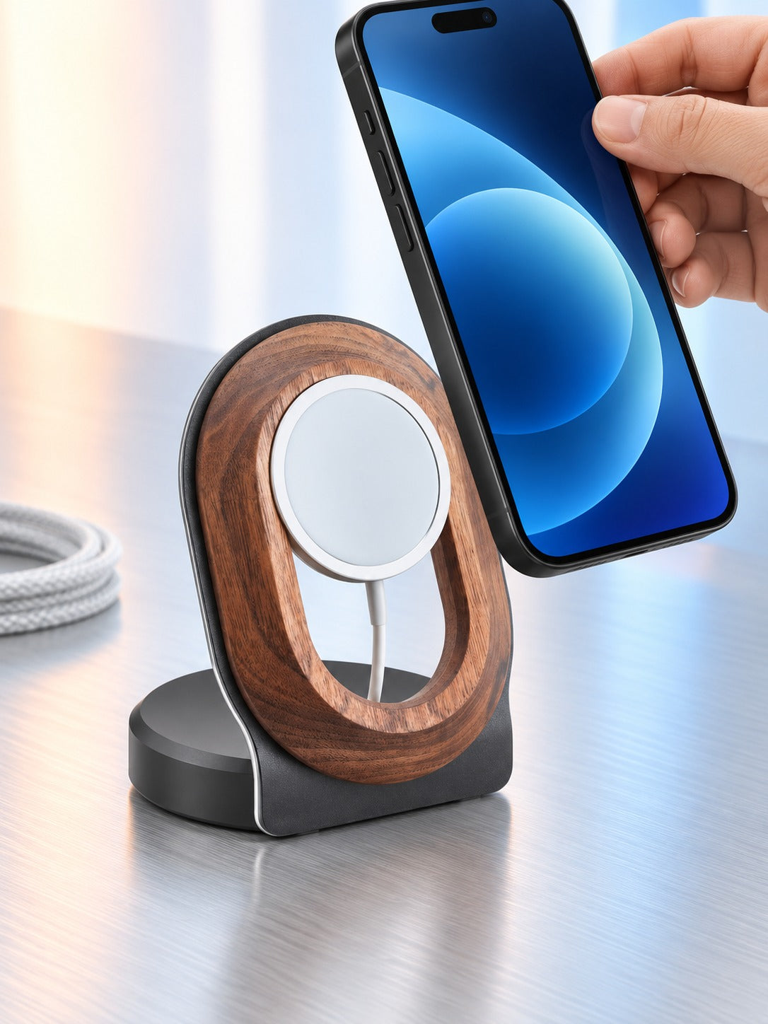 Walnut Wood MagSafe Desk Charging Stand, Hands-Free