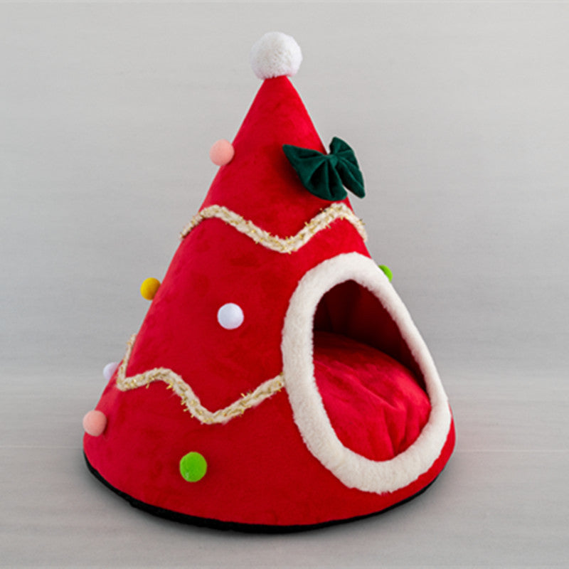 Enclosed Christmas Cat Bed Tent for Cozy Winter Naps