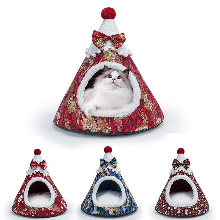 Enclosed Christmas Cat Bed Tent for Cozy Winter Naps