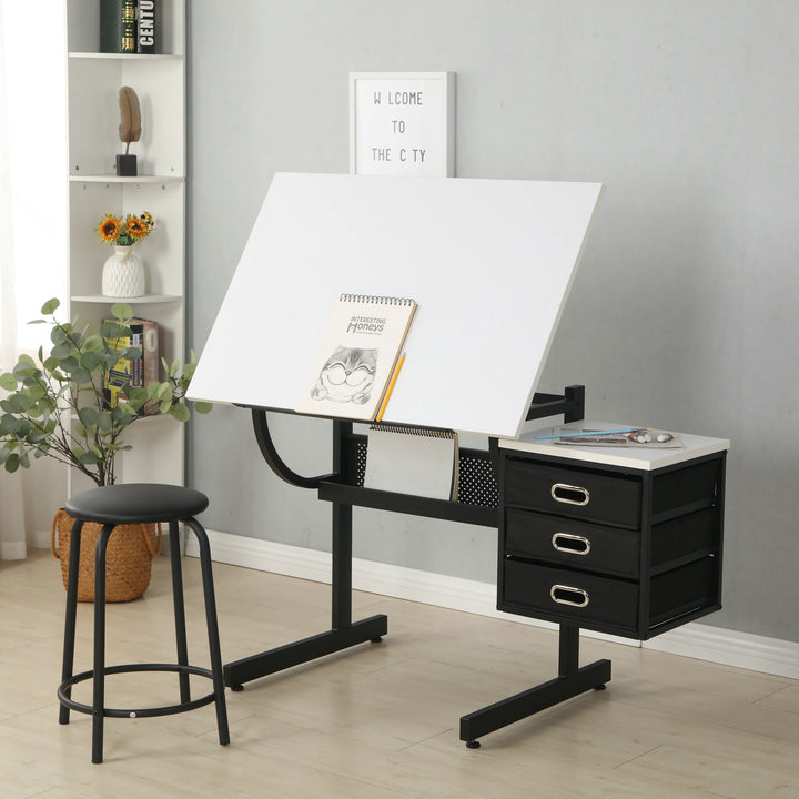 Adjustable Drafting Table with Drawers and Stool