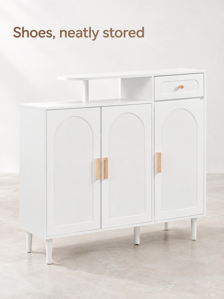 Shoe Cabinet with Arched Doors and Drawers, White Wood