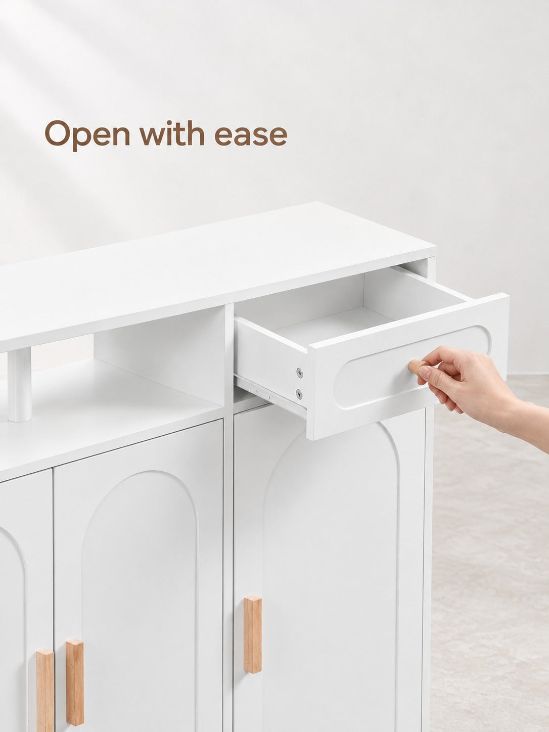 Shoe Cabinet with Arched Doors and Drawers, White Wood